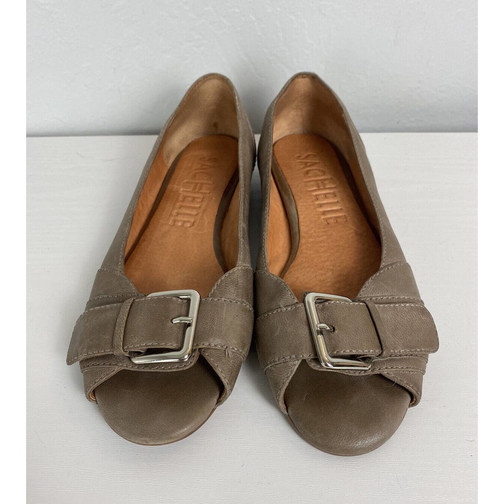 Sachelle Open Toe Gray/Brown Leather Flats Size 8 Womens